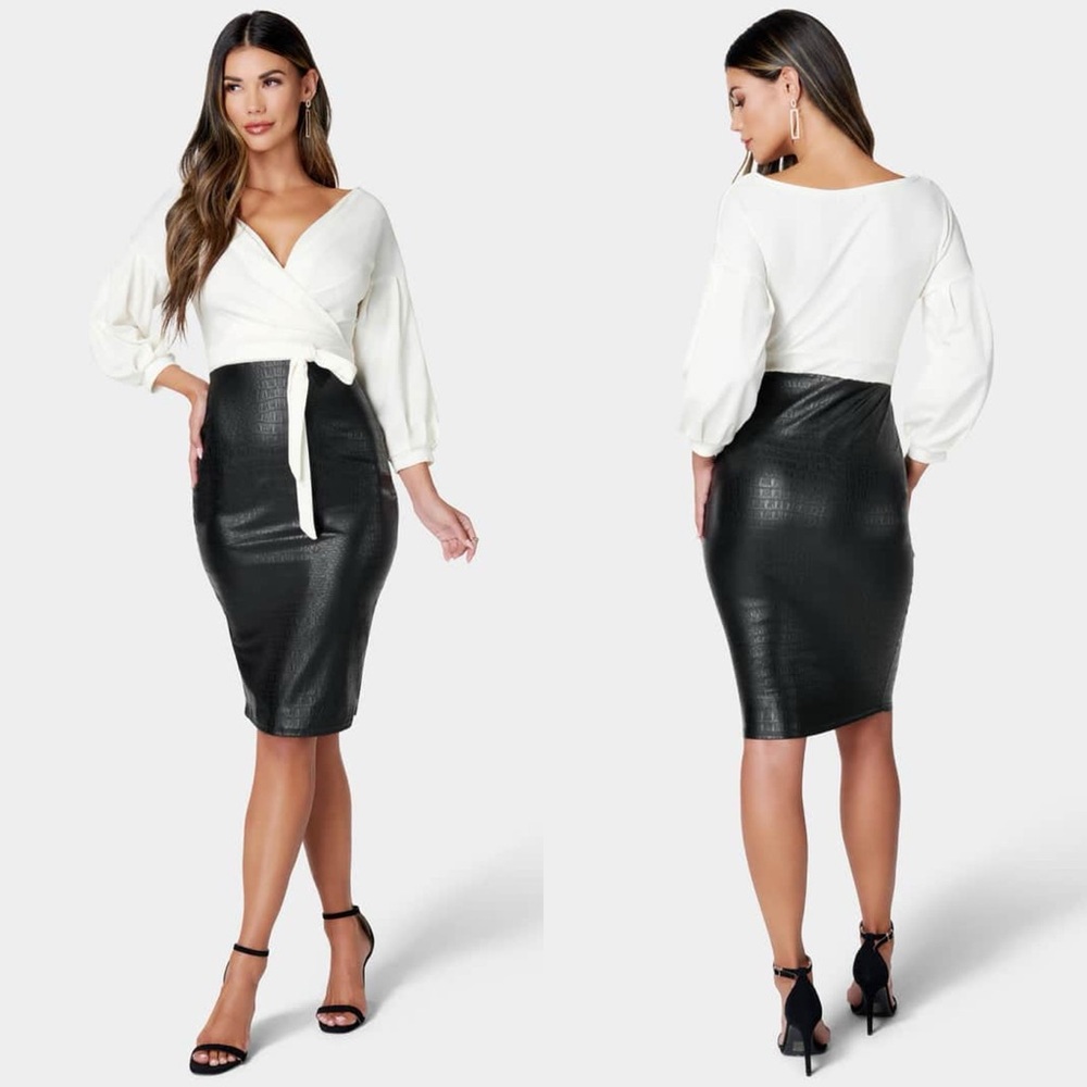 BEBE Off Shoulder Puff Sleeve Pencil Dress Crème/Black Size XS New